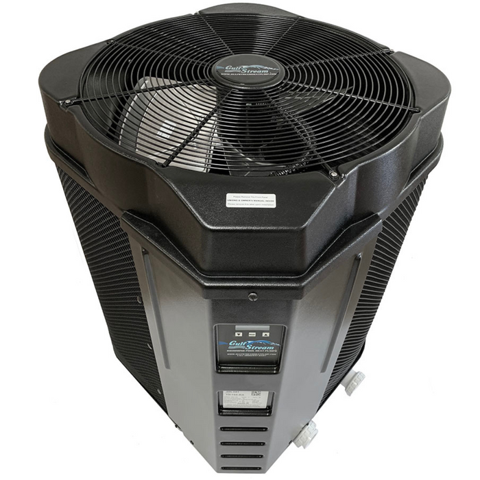 Gulfstream's HE150RA is a black outdoor air conditioning unit featuring a fan and side control panel, optimized for efficiency with R-410A refrigerant.