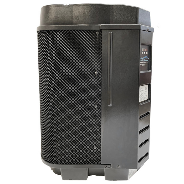 A Gulfstream 142K BTU Heat Pump 27K Gal HE150RA by Gulfstream, featuring a sleek design with vented sides and an efficient control panel using R-410A refrigerant, is displayed on a pristine white background.