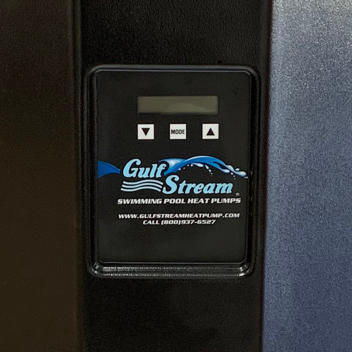 The control panel of the Gulfstream 142K BTU Heat Pump 27K Gal HE150RA boasts a sleek digital display and intuitive buttons, reflecting its remarkable efficiency. Utilized with R-410A refrigerant, this Gulfstream system guarantees optimal performance for consistently perfect pool heating.