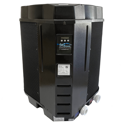 The Gulfstream 137K BTU Heat/Cool Pump 27 Gal HE150TA, manufactured by Gulfstream, features a black design with a digital display, side vents, and high-efficiency operation for optimal performance.