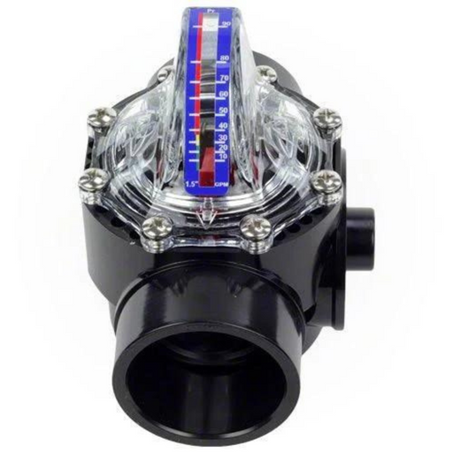A black H2flow FV-15 1.5" FlowVis Flowmeter Check Valve FV15 from H2flow Controls, featuring a clear top that displays a red and blue gauge, is ideal for pool and spa applications.
