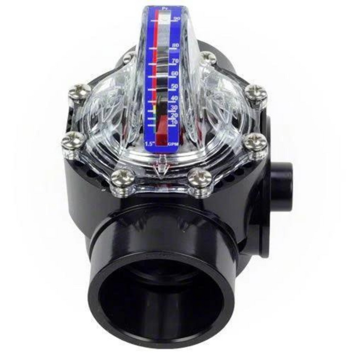 A black H2flow FV-15 1.5" FlowVis Flowmeter Check Valve FV15 from H2flow Controls, featuring a clear top that displays a red and blue gauge, is ideal for pool and spa applications.