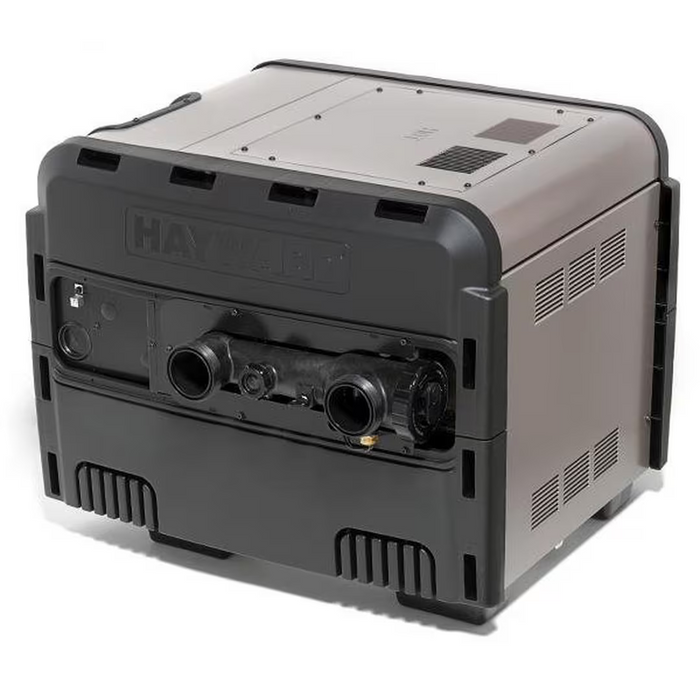 The Hayward W3H400FDN H-Series Natural Gas Heater 400K BTU Low NOx, in gray and black, features multiple connections on the front panel, vents on the sides, and is designed for low NOx emissions, making it an energy-efficient choice for your pool.