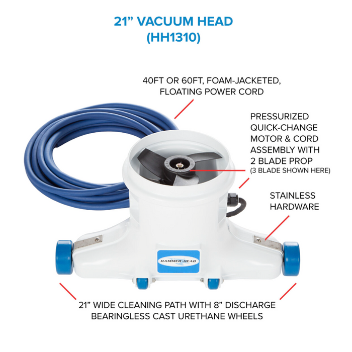 Hammerhead Resort-21 Pool Vacuum Cleaner – 21" Head, 60' Cord, Charger (No Battery)