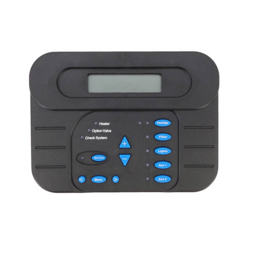 The Hayward GLX-PL-LOC-P-4 Pro Logic P4 Display Local is a black electronic control panel with blue buttons and a digital display screen, ideal for pool automation. Featuring the Aqua Logic Main Board, it seamlessly integrates with the Hayward Pro Logic system.