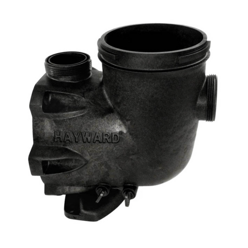 A black Hayward 20-SPX3200A TriStar Pump Strainer Housing with three connection points and the Hayward brand name embossed on the side, perfect for inground pool systems.