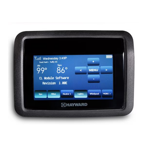 The Hayward AQL2-POD2 AquaPod 2.0 Touchscreen Wireless Remote, designed by Hayward, features a digital control panel that displays spa settings such as temperature, time, and various control options. This wireless waterproof touchscreen remote is ideal for pool and spa automation, ensuring seamless operation from anywhere around your yard.