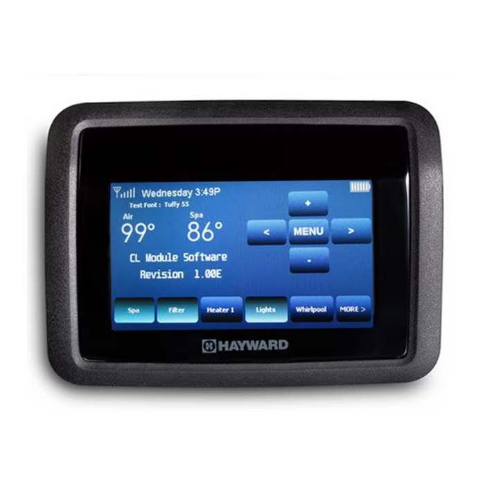 The Hayward AQL2-POD2 AquaPod 2.0 Touchscreen Wireless Remote, designed by Hayward, features a digital control panel that displays spa settings such as temperature, time, and various control options. This wireless waterproof touchscreen remote is ideal for pool and spa automation, ensuring seamless operation from anywhere around your yard.