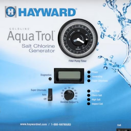 The Hayward W3AQ-TROL-RJ AquaTrol Above Ground Salt System, equipped with return jet fittings and a standard cord, features a control panel with a display, timer, and multiple adjustment dials—ideal for keeping your above ground swimming pool water crystal-clear.