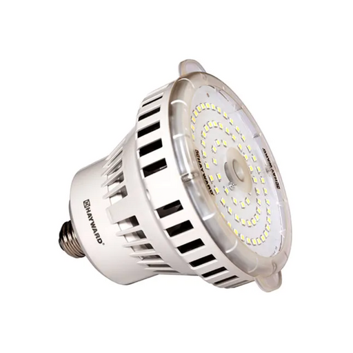 Close-up of the Hayward BPWUS11120 CrystaLogic White LED Bulb Only 120V 300-500W, featuring an energy-efficient design with a metal screw base and a circular array of LEDs.