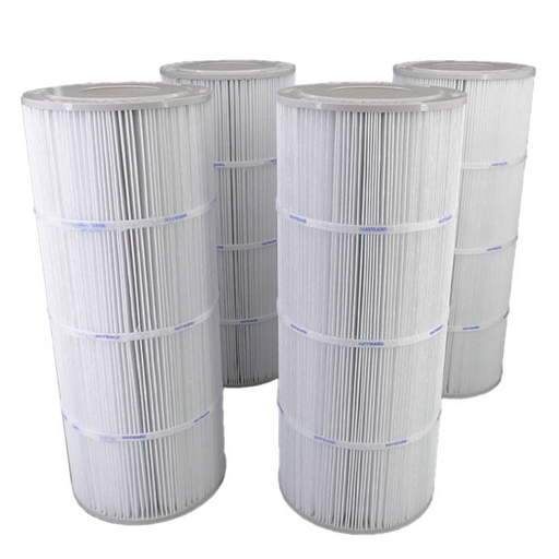 Four large cylindrical pool filter cartridges arranged in a group, featuring white pleated surfaces. These are Hayward CX481XREPAK4 Genuine Replacement Cartridges, 225 Sq Ft each, designed for C2030 SwimClear Cartridge Filters and come in a convenient 4-pack.