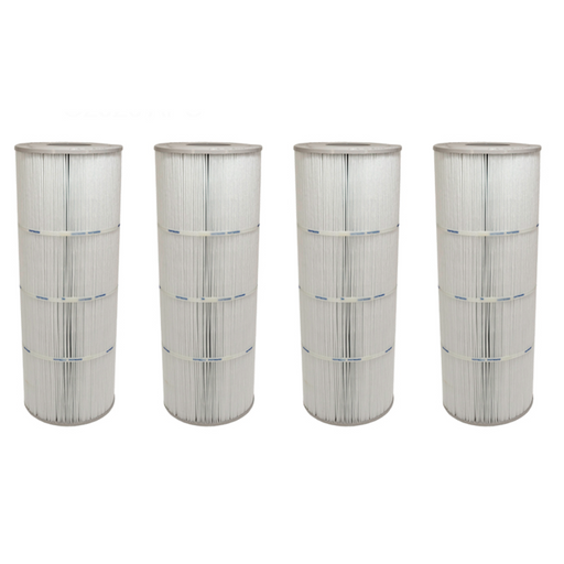 Four identical Hayward CX591XREPAK4 Filter Cartridges with gray tops and bases, each designed for optimal debris removal and hydraulic efficiency, aligned side by side on a white background.