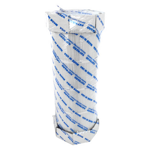 A cylindrical filter wrapped in white and blue packaging labeled "MADE IN USA," described as the Hayward CX590RE Filter Cartridge, 181.25 Sq Ft, SwimClear C7000/C7020.