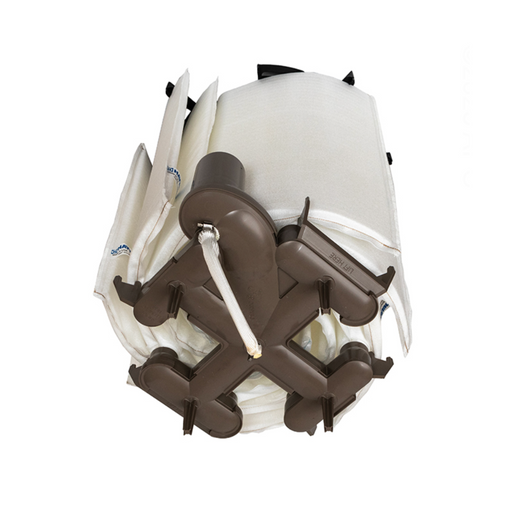 Rolled-up portable kayak with a light-colored body and dark brown carrying handles positioned on a white background, reminiscent of the precision in design you'd expect from a Hayward DEX3600DC Grid Assembly 36 Sq. Ft. Micro Clear.