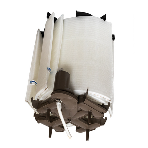 Close-up of the Hayward DEX3600DC Grid Assembly 36 Sq. Ft. Micro Clear air filter with a cylindrical shape and white fabric panels, attached to a dark base.