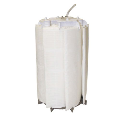 The Hayward DEX4800DC Grid Assembly 48 Sq. Ft., a cylindrical white pool filter with folds, metal base, and an outlet pipe at the top from Hayward, is expertly designed as a Filter Element Cluster for efficient water purification.