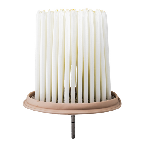 The Hayward EC65 Flex-Tube Nest ECX1251 is a white pleated cylindrical filter with a brown base and a central metal rod for attachment, specifically designed to fit seamlessly into your Hayward Pool Filter system.