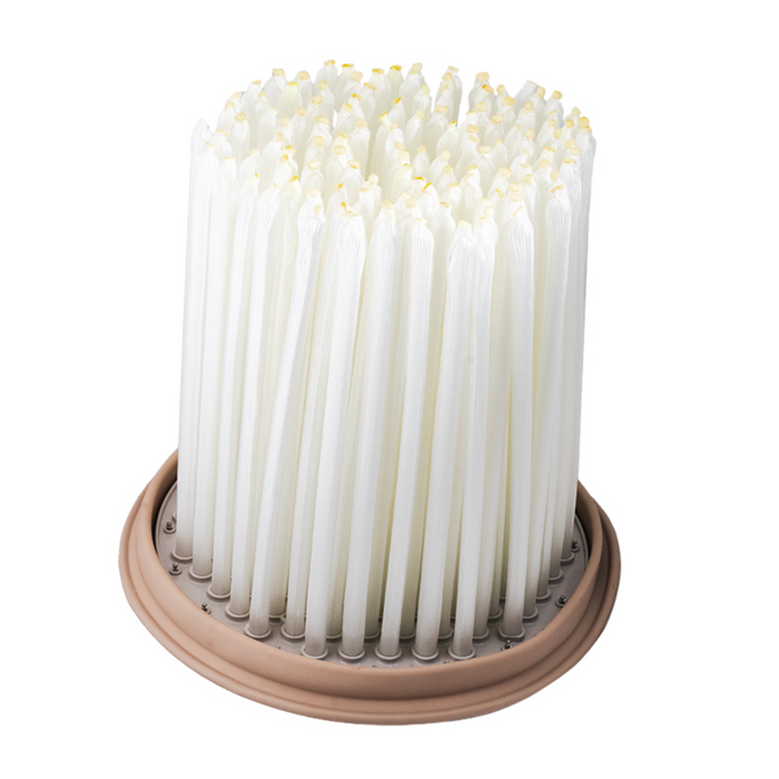 A Hayward EC65 Flex-Tube Nest ECX1251 Pool Filter with vertical pleats, featuring the innovative Flex-Tube Nest, mounted on a sturdy round brown base.