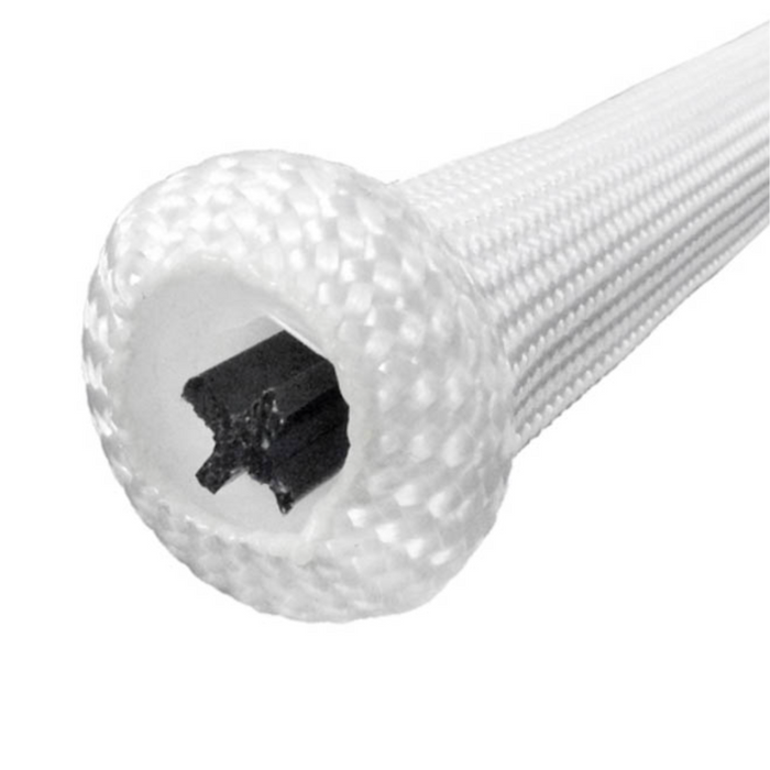 Close-up of a white braided sleeving with a black rectangular core inside, viewed from the end, resembling the intricate design found in a Hayward ECX1031PAK5EACH Flex Tube 13-3/8" Long for D.E. Filter - Single.