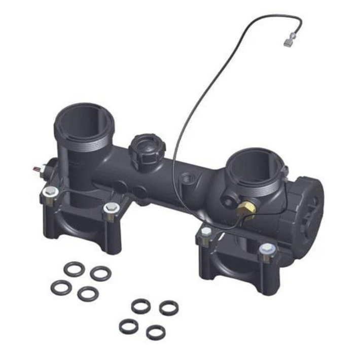3D rendering of the Hayward FDXLFHA1930 H-Series Front Header Assembly in black, featuring a hose, valves, and several detached gaskets, seamlessly compatible with Universal H-Series pool heaters for optimizing low NOx emissions.