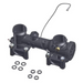 3D rendering of the Hayward FDXLFHA1930 H-Series Front Header Assembly in black, featuring a hose, valves, and several detached gaskets, seamlessly compatible with Universal H-Series pool heaters for optimizing low NOx emissions.