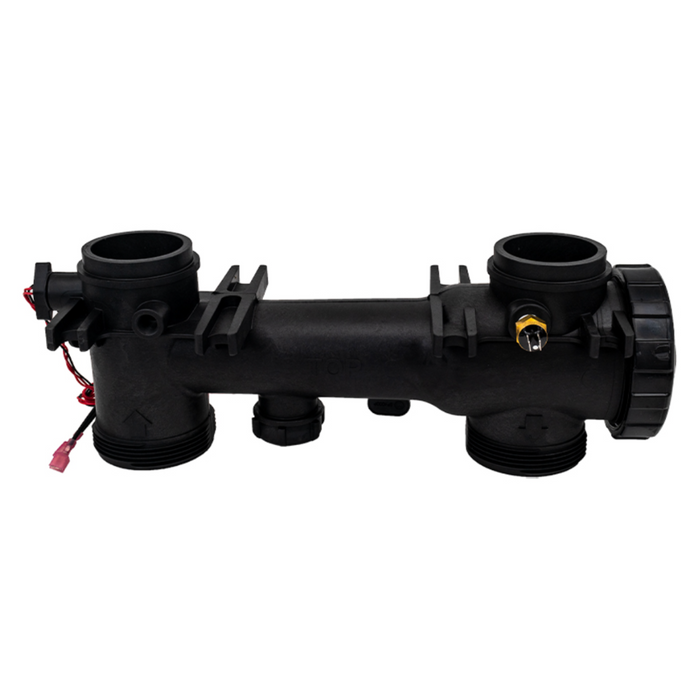 A black plastic piping component with multiple openings and connectors, probably used in plumbing or heating systems like the Hayward FDXLFHA1930 H-Series Front Header Assembly for Universal H-Series pool heaters.