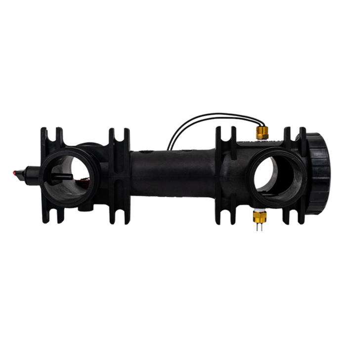 Hayward FDXLFHA1930 H-Series Front Header Assembly in a sleek black cylindrical design features connectors and wires, shown against a white background, compatible with Universal H-Series pool heaters for seamless integration.