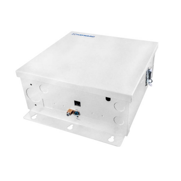 A white, rectangular Hayward GLX-CTL-RITE Control Unit Aqua Rite with a latch on the side and several connection points, perfect for installing an electronic chlorine generator in your in-ground pool.