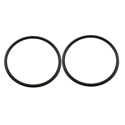 Two black rubber O-rings from the Hayward HAXFOR1930 ED1/ED2 Union O-Ring - 2 Pack are placed side by side on a white background, perfect for Induced Draft Heaters.