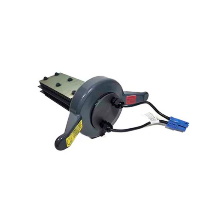 The Hayward HCXSCELL6 Replacement Cell and Cover is a grey industrial tool with a circular base, black cables, a blue connector, and a metallic rectangular component, designed as a replacement part for Hayward Systems.