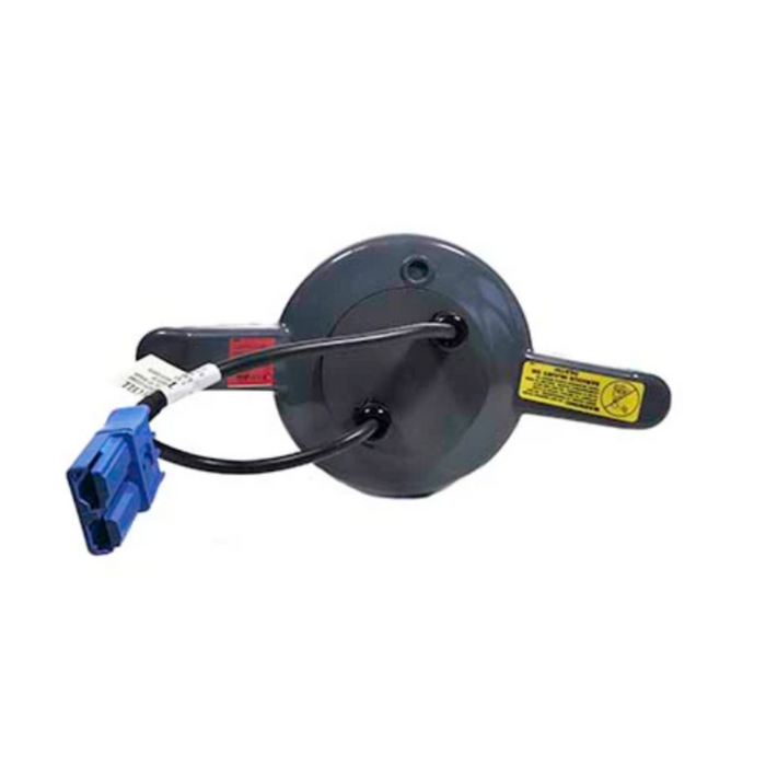 The Hayward HCXSCELL6 Replacement Cell and Cover, a gray electrical component with wires extending and a blue connector at the end, features yellow and red caution labels; it's ideal as a replacement part for Hayward Systems.
