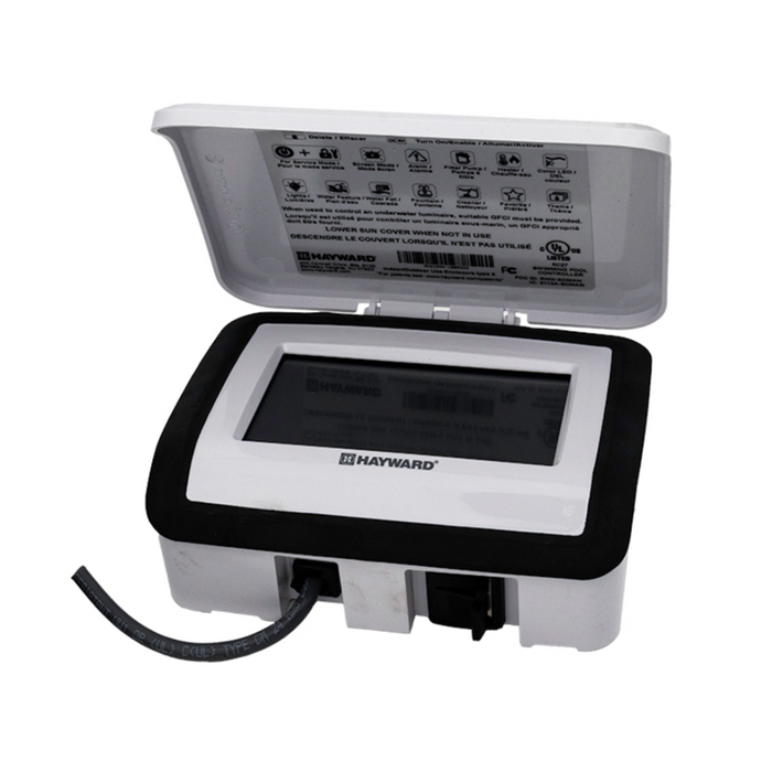 The Hayward HLHCONTROL Omnihub Controller, a black and white electronic device from Hayward, features a screen with an open cover displaying smart pool control instructions.