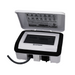 The Hayward HLHCONTROL Omnihub Controller, a black and white electronic device from Hayward, features a screen with an open cover displaying smart pool control instructions.