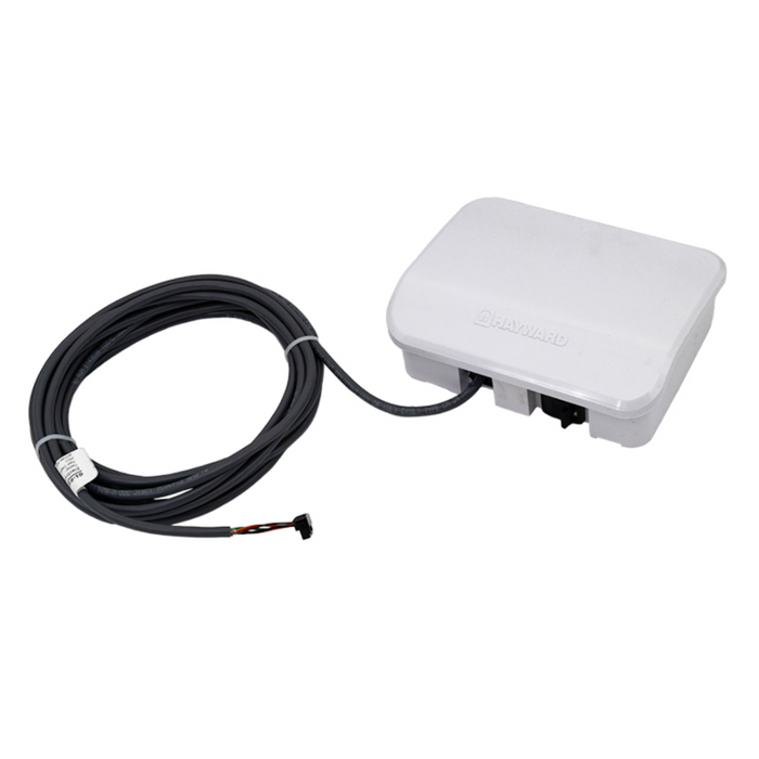 The Hayward HLHCONTROL Omnihub Controller, a Hayward-branded electronic control box in gray, comes with an attached cable and integrates seamlessly with the Hayward OmniHub for smart pool management.