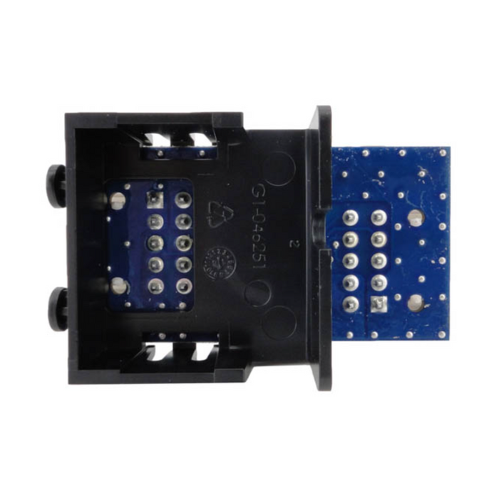 Hayward HLX-PCB-TCELL T-Cell PCB Board, featuring a blue circuit board with pins inside a black plastic housing, viewed from above against a white background. This Hayward component fits seamlessly into your OMNILOGIC TCELL system for optimal performance in an in-ground pool.