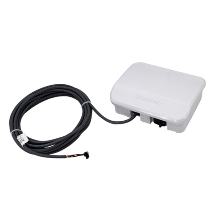 The product is a Hayward HLXPLCONTROL Replacement Controller for OmniPL, OmniLogic, and OmniLogic Upgrade Kits, featuring a rectangular design in white with an attached long black cable.