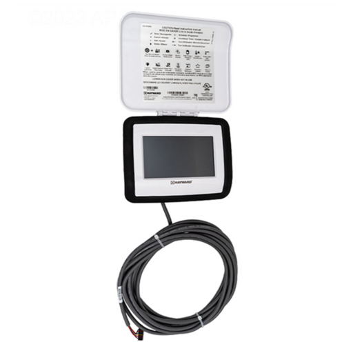 The Hayward HLXPLCONTROL Replacement Controller, designed for OmniPL, OmniLogic, and OmniLogic Upgrade Kits, is a touchscreen device with an open cover and a coiled cable attached beneath it, seamlessly integrated with the OmniLogic platform.