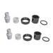 Two sets of plastic plumbing fittings and gaskets, including components from the Hayward IDXLUKT1135 H-Series Pool Heater Union Kit by Hayward, arranged in a row on a white background.