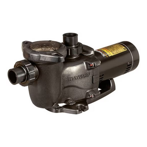 A Hayward W3SP2307X10 Max-Flo XL Pump 1.0HP Single Speed in black with an attached motor, multiple hose connectors, and a mounted label.
