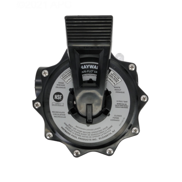 Top view of the durable, corrosion-proof black Hayward SP0714T Top Mount Multiport Valve with 6 labeled positions for different pool settings, ideal for ProSeries high-rate sand filters.