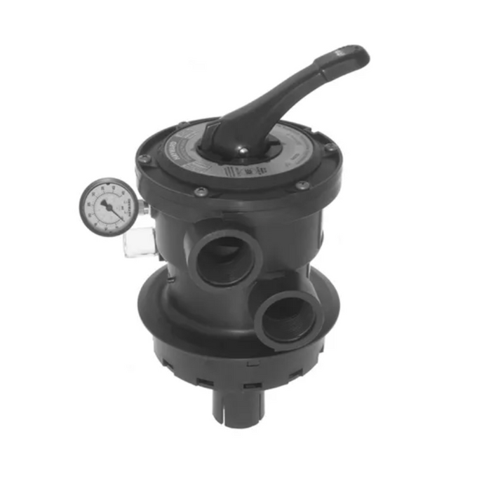 The Hayward SP0714T Top Mount Multiport Valve is a black, multi-port water valve featuring an attached pressure gauge. It is designed specifically for pool or spa filtration systems and offers six positions to control water flow. Made from durable, corrosion-proof material, this Hayward valve pairs seamlessly with ProSeries high-rate sand filters.