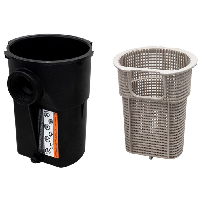 A Hayward SPX1500CAP PowerFlo Strainer Housing in black and a beige mesh strainer basket from Hayward are displayed side by side on a white background.