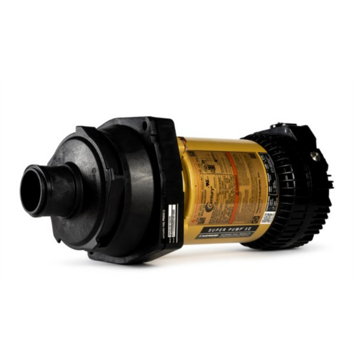 The Hayward SPX2610X15XEPE 1.65HP Power End Motor for Super Pump XE is a yellow and black centrifugal pool pump with a cylindrical shape, labeled with various technical specifications and designed for optimal energy efficiency.