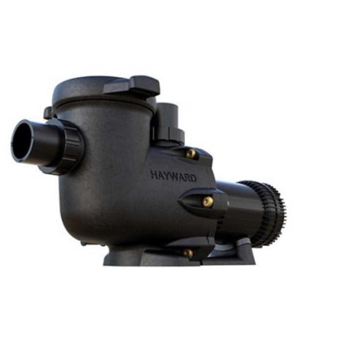 Close-up of a Hayward W3SP3215X20XE TriStar XE Pump 2.25HP Multi-Speed with an attached filter housing and intake/outlet ports, shown from a side angle, emphasizing its energy-saving potential.