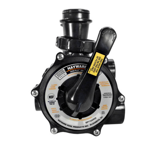 The Hayward Vari-Flo XL SP0710XR50 Multiport Valve, featuring 1-1/2" ports for DE filters, is designed with multiple settings and an adjustable handle to easily control flow modes. This Hayward valve includes clear instructions for user convenience.