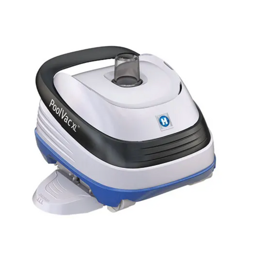 The Hayward W32025ADC Pool Vac XL Suction Pool Cleaner from Hayward, designed for concrete and gunite pools, features a white and blue exterior with a black top handle and brand logo, efficiently keeping your pool spotless. As a leading suction side pool cleaner, it combines state-of-the-art design and functionality.