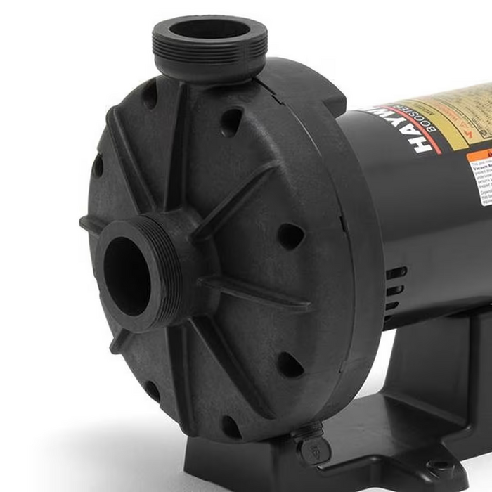 Close-up of the Hayward W36060 3/4 HP Booster Pump for Pressure Side Cleaners by Hayward, featuring a black, energy-efficient design with visible inlet and outlet ports, mounted on a base—ideal for pressure cleaner applications.