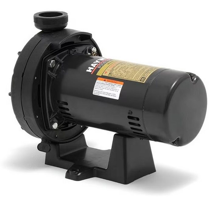 The Hayward W36060 3/4 HP Booster Pump for Pressure Side Cleaners 115V/230V features a black electric water pump with a cylindrical motor mounted on a sturdy base. It includes a label with warnings and specifications, making it suitable for pressure cleaner applications. This energy-efficient Hayward booster pump ensures optimal performance.