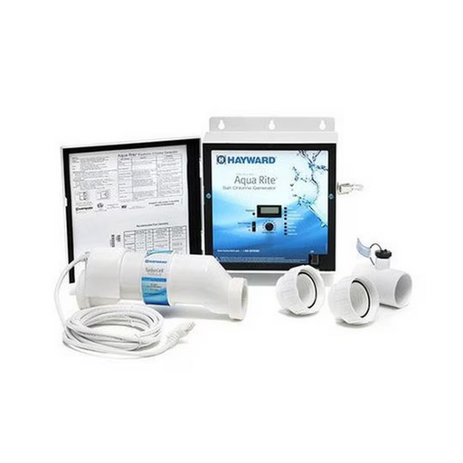 The Hayward W3AQR15 AquaRite Salt Chlorine Generator Cell Kit (For 40K gal Pool) includes a control panel, power cord, and various connection components, making it an ideal choice for an in-ground chlorine generator.