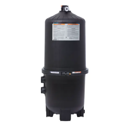 The Hayward W3DE6020 ProGrid Vertical Grid D.E. Pool Filter 60 Sq Ft features a black vertical canister with a conical top and control valve, with labeled instructions visible near the top. Featuring high-tech elements, these Hayward ProGrid filters ensure superior water clarity for any pool setup.